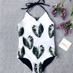 Kids Leaf Print Halter swimsuit